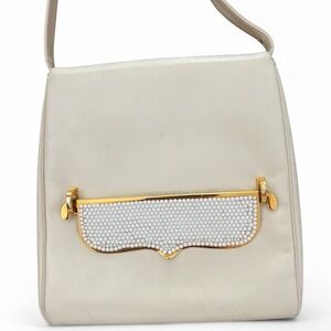 Judith Leiber Rare White leather shoulder bag  
Crystal Arc/Scoop Flap/pocket
